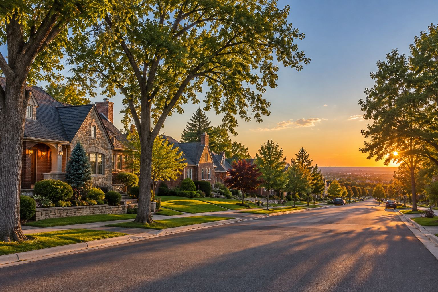 A Denver residential street at sunset, illustrative