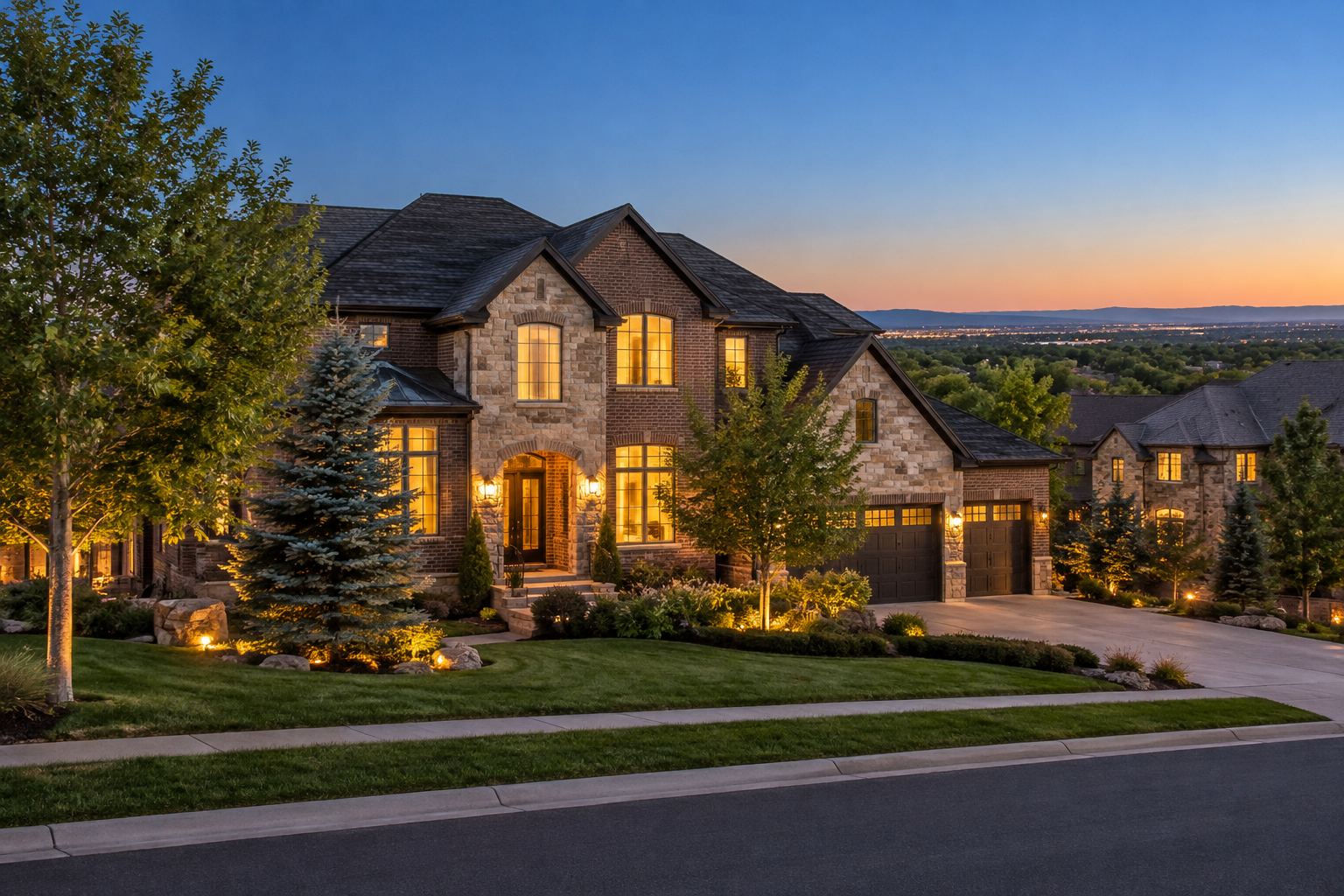 A the Denver metro home at dusk, illustrative