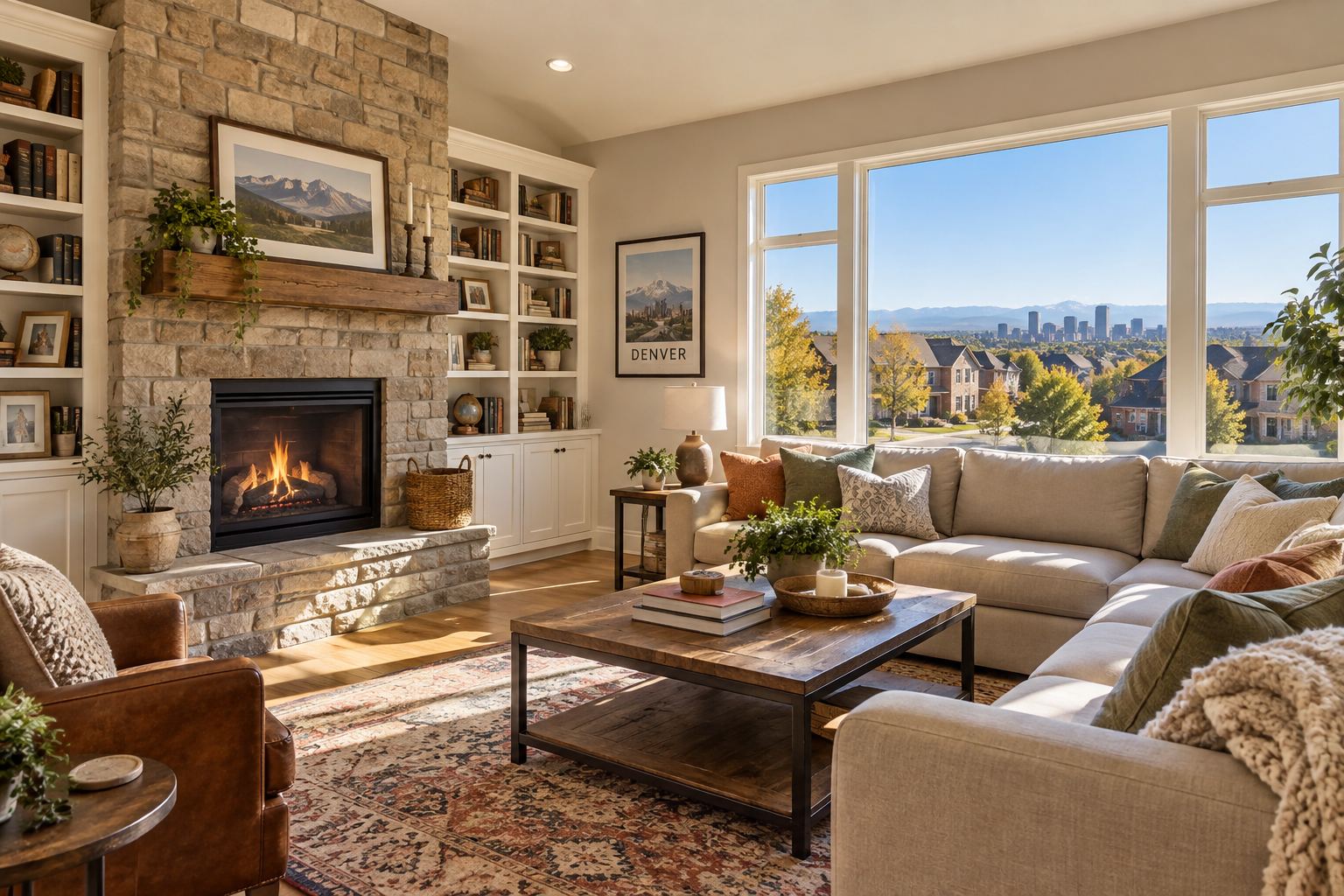 A cozy Denver living room, illustrative
