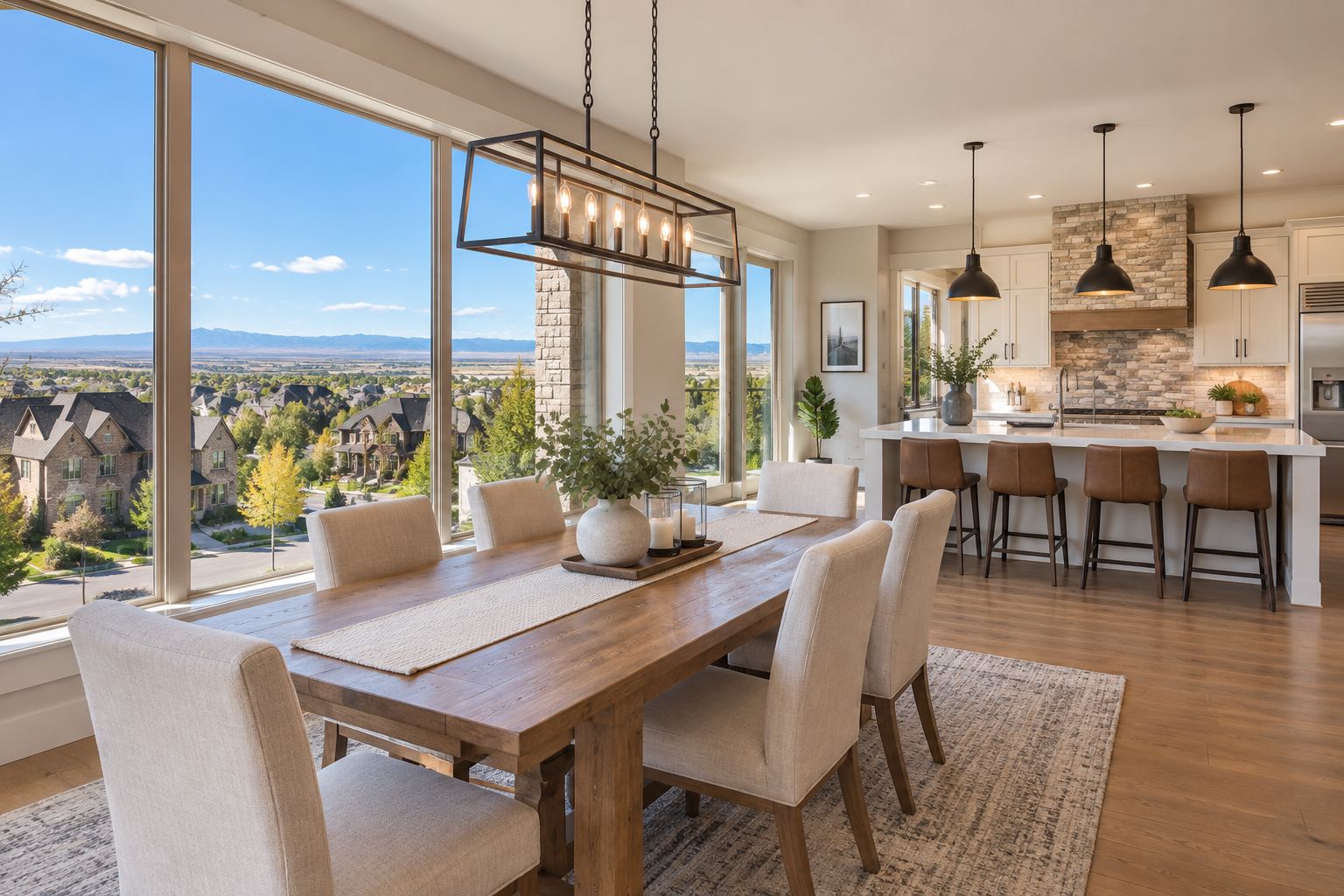 A bright dining room, illustrative